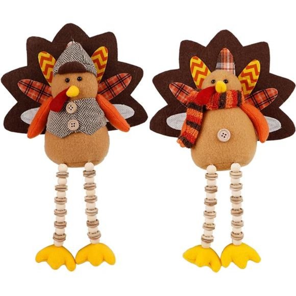 Set of 2 Turkeys with Dangling Legs, Mr and Mrs Turkey Couple Plush Tabletop - Picture 2 of 7